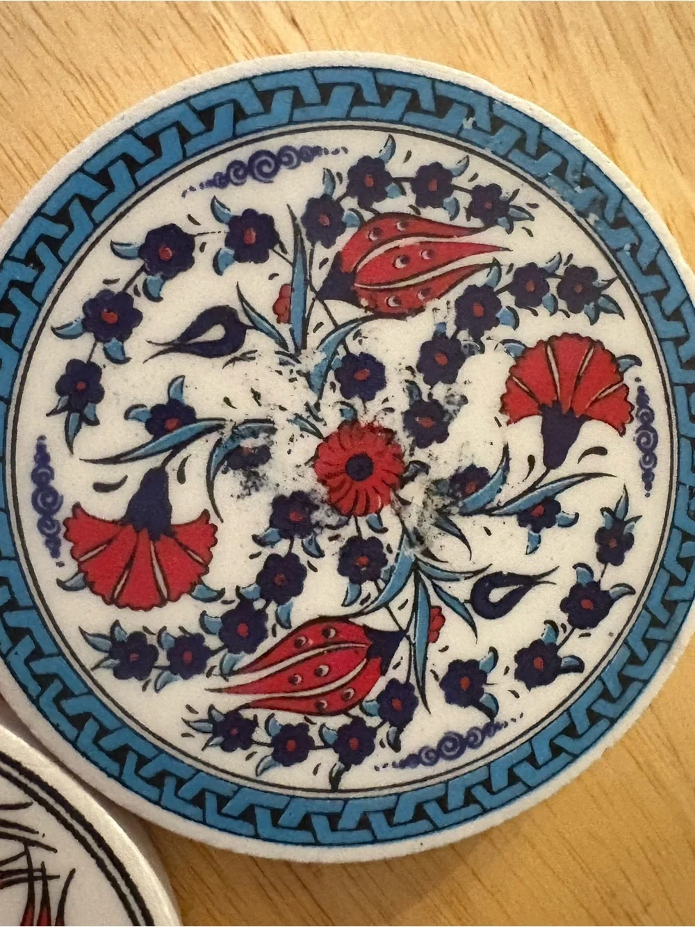 2- Turkish Decorative Ceramic trivets - Red & Blue Floral Set